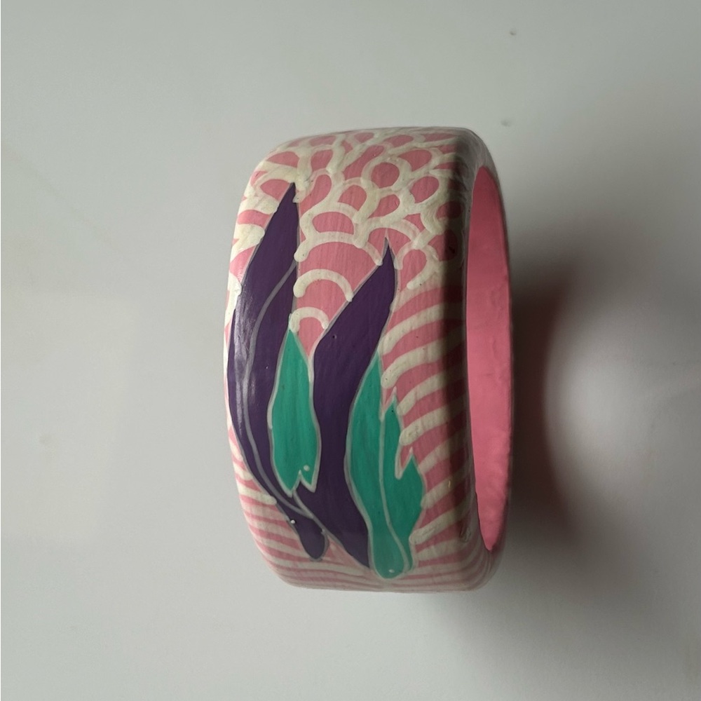 Vintage Hand Painted Wood Bangle Bracelet Pink Blue Abstract Botanical Chunky - Picture 2 of 12